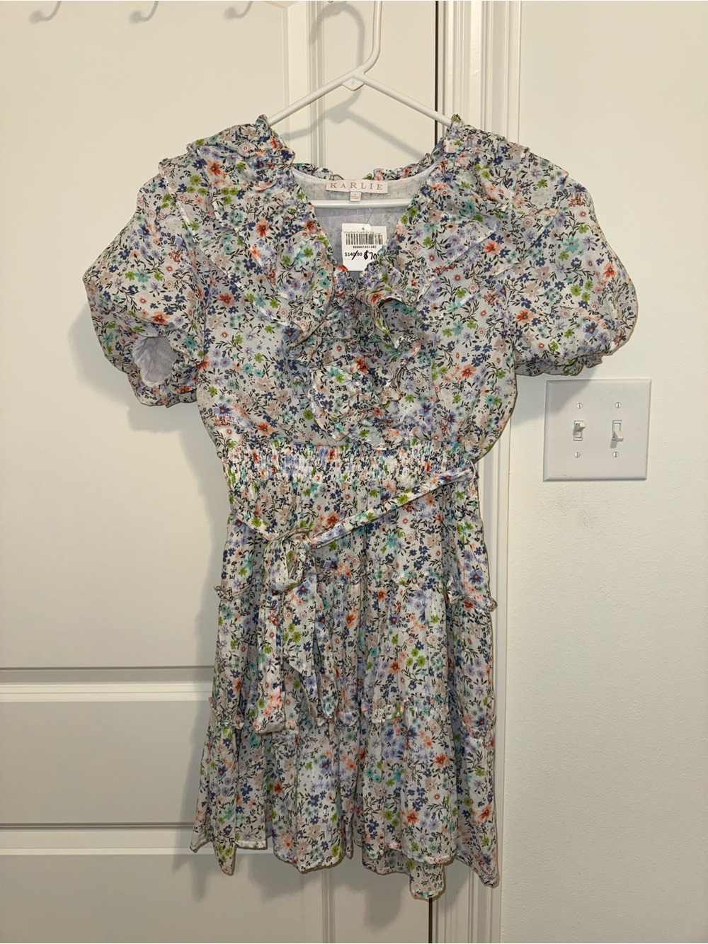 Karlie White Floral Puff-Sleeve Dress with Tie Belt